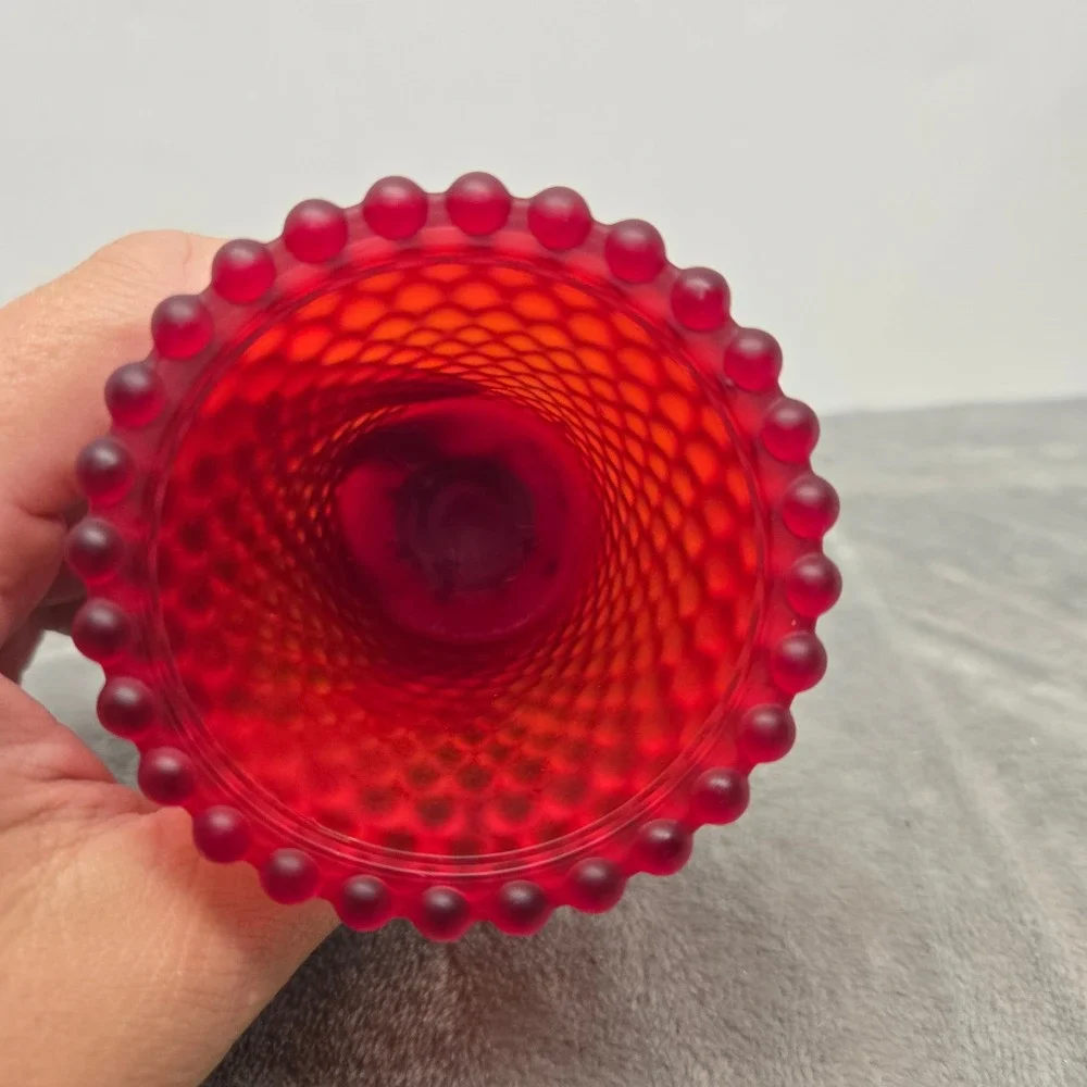 Vintage Red Satin Frosted Glass Hobnail Peg Votive Candle Holder Cup 3.5 inch
